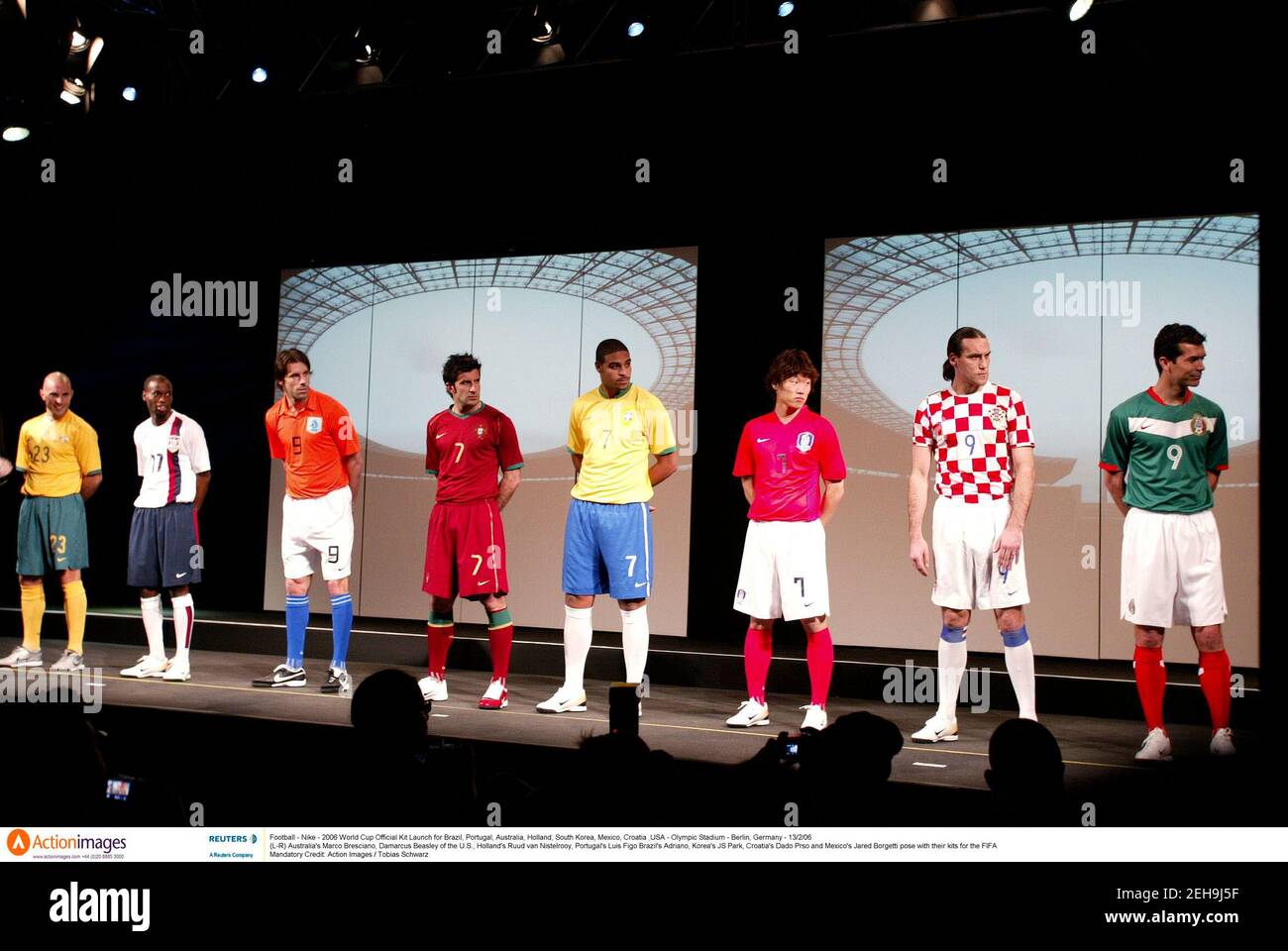 Football - Nike - 2006 World Cup Official Kit Launch for Brazil, Portugal, Australia, Holland, South Korea, Mexico, Croatia & USA - Olympic Stadium - Berlin, Germany - 13/2/06  (L-R) Australia's Marco Bresciano, Damarcus Beasley of the U.S., Holland's Ruud van Nistelrooy, Portugal's Luis Figo Brazil's Adriano, Korea's JS Park, Croatia's Dado Prso and Mexico's Jared Borgetti pose with their kits for the FIFA  Mandatory Credit: Action Images / Tobias Schwarz Stock Photo