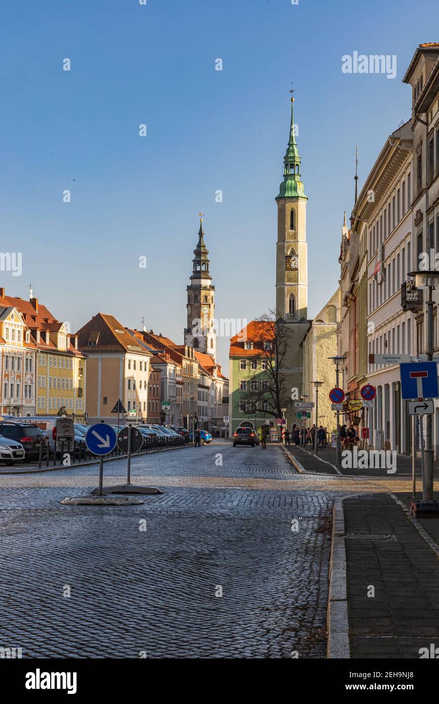 Zgorzelec Gorlitz January 27 2020 Two clock towers at market square Stock Photo