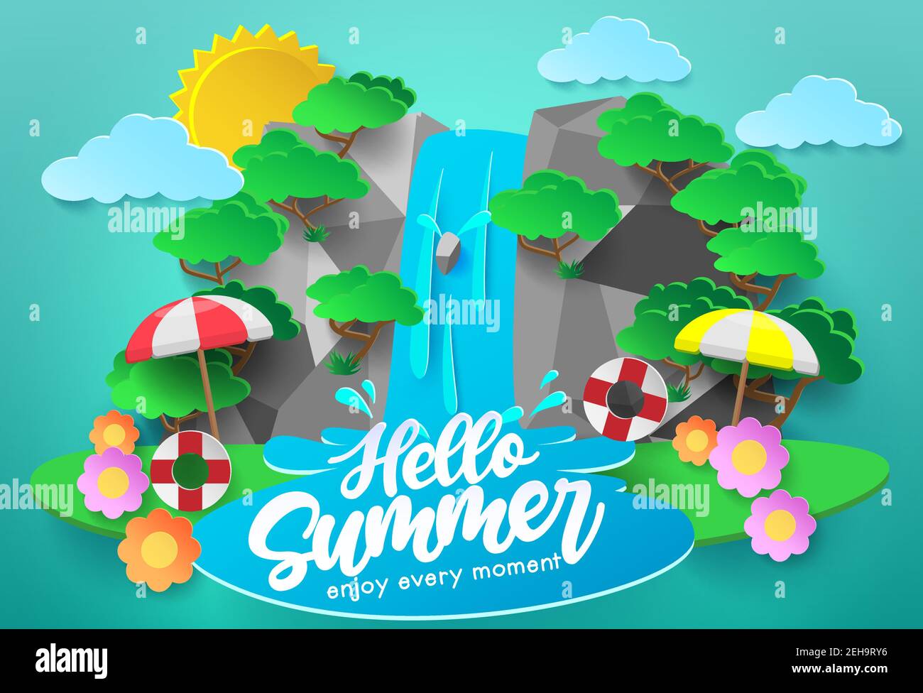 Hello summer vector concept design. Hello summer enjoy every moment text for outdoor tropical season vacation with waterfall background and forest. Stock Vector