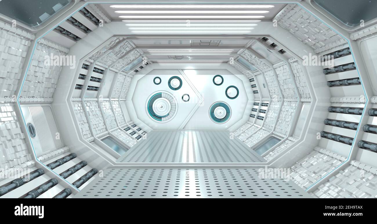 Front view of the interior of a reflective corridor of a spaceship in white light with a closed door with circular lock in the background. 3D Illustra Stock Photo