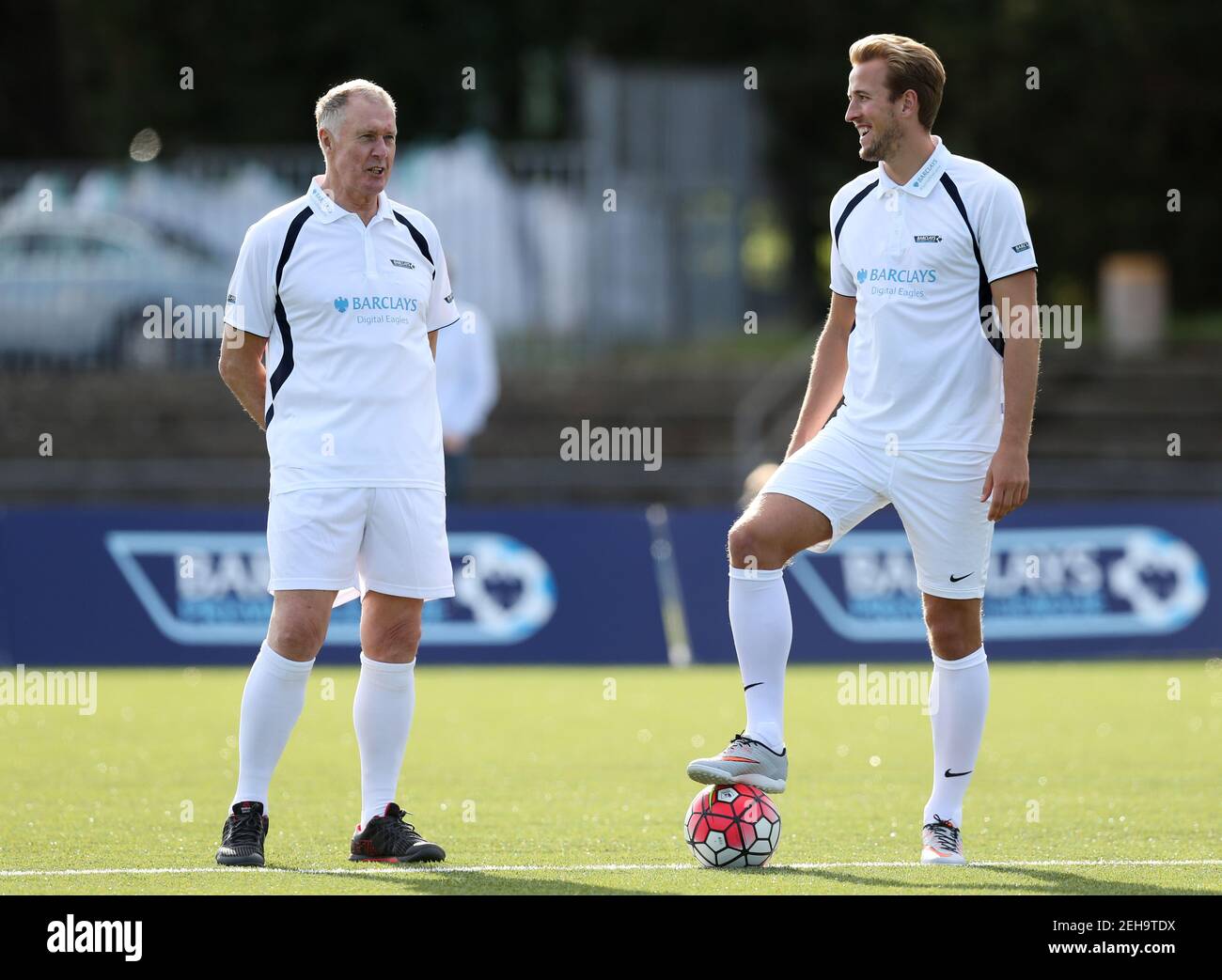Football - Walking Football All Star Game - New River Sport & Fitness, White Hart Lane, Wood Green - 27/8/15 Harry Kane and Sir Geoff Hurst take part in an all-star walking football fixture staged by Barclays digital eagles to help community volunteer Steve rich promote the game nationwide Mandatory Credit: Action Images / Alex Morton Livepic EDITORIAL USE ONLY. Stock Photo