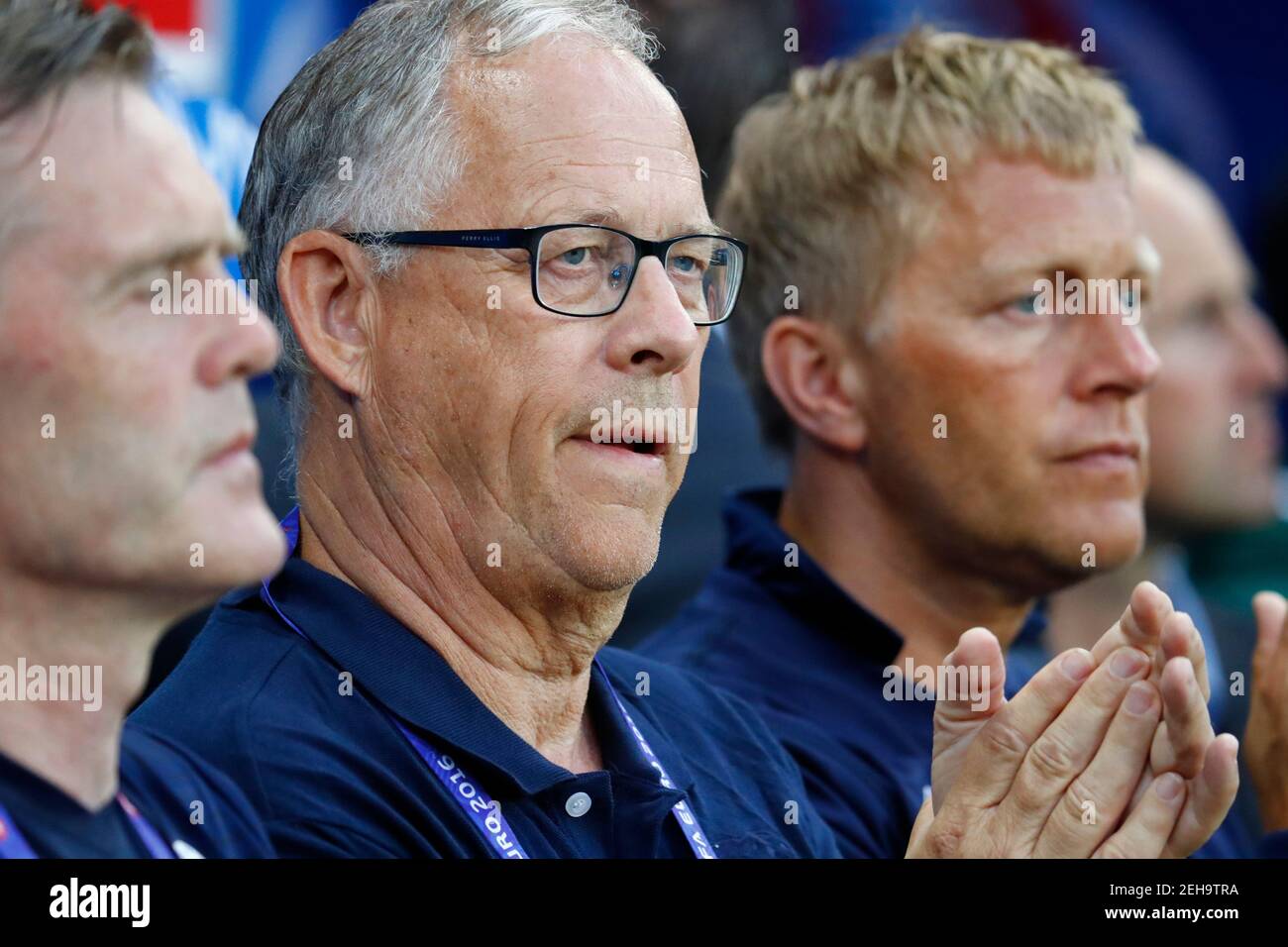Football Soccer - England v Iceland - EURO 2016 - Round of 16 - Stade de Nice, Nice, France - 27/6/16  Iceland joint head coaches Lars Lagerback (C) and Heimir Hallgrimsson  REUTERS/Michael Dalder  Livepic Stock Photo