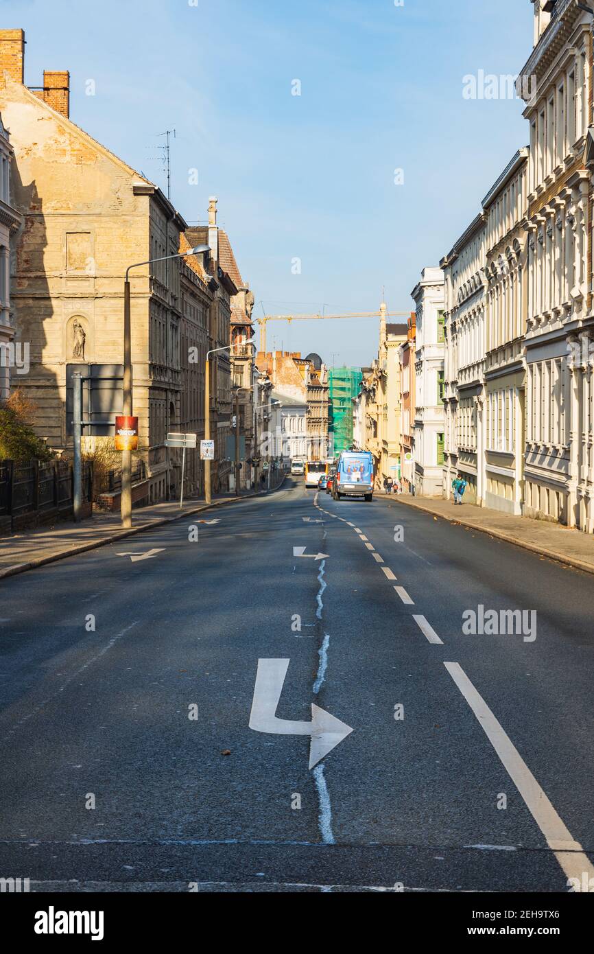 Zgorzelec Gorlitz January 27 2020 Long straight street between old tenement houses at sunny day Stock Photo