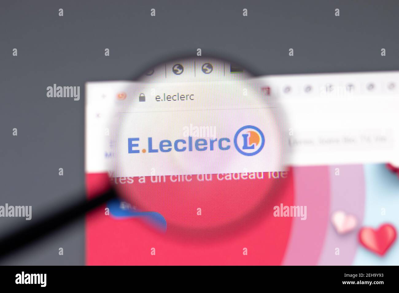 New York, USA - 15 February 2021: E.Leclerc website in browser with ...