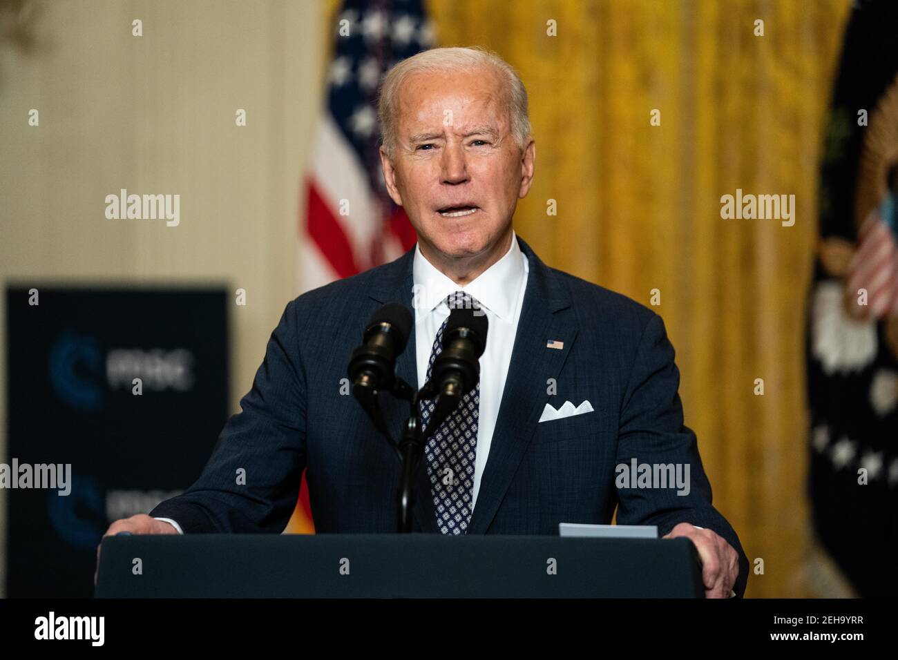 United States President Joe Biden delivers remarks at a virtual event hosted by the Munich Security Conference in the East Room of the White House on February 19, 2021 in Washington, DC. In his remarks, President Biden stressed the United States' commitment to NATO after four years of the Trump administration undermining the alliance.Credit: Anna Moneymaker/Pool via CNP /MediaPunch Stock Photo