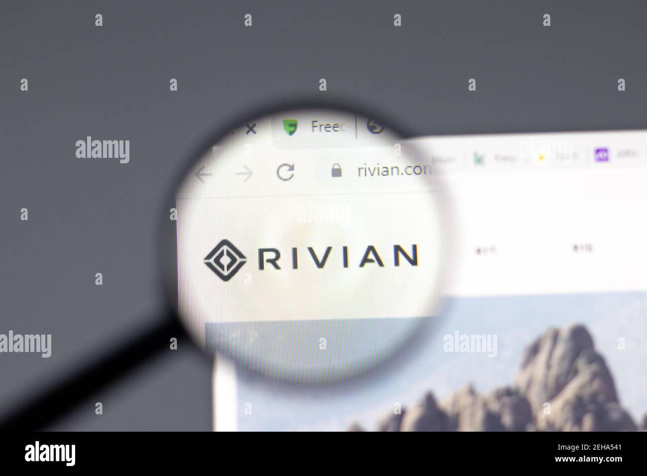 New York, USA - 15 February 2021: Rivian website in browser with company logo, Illustrative Editorial Stock Photo