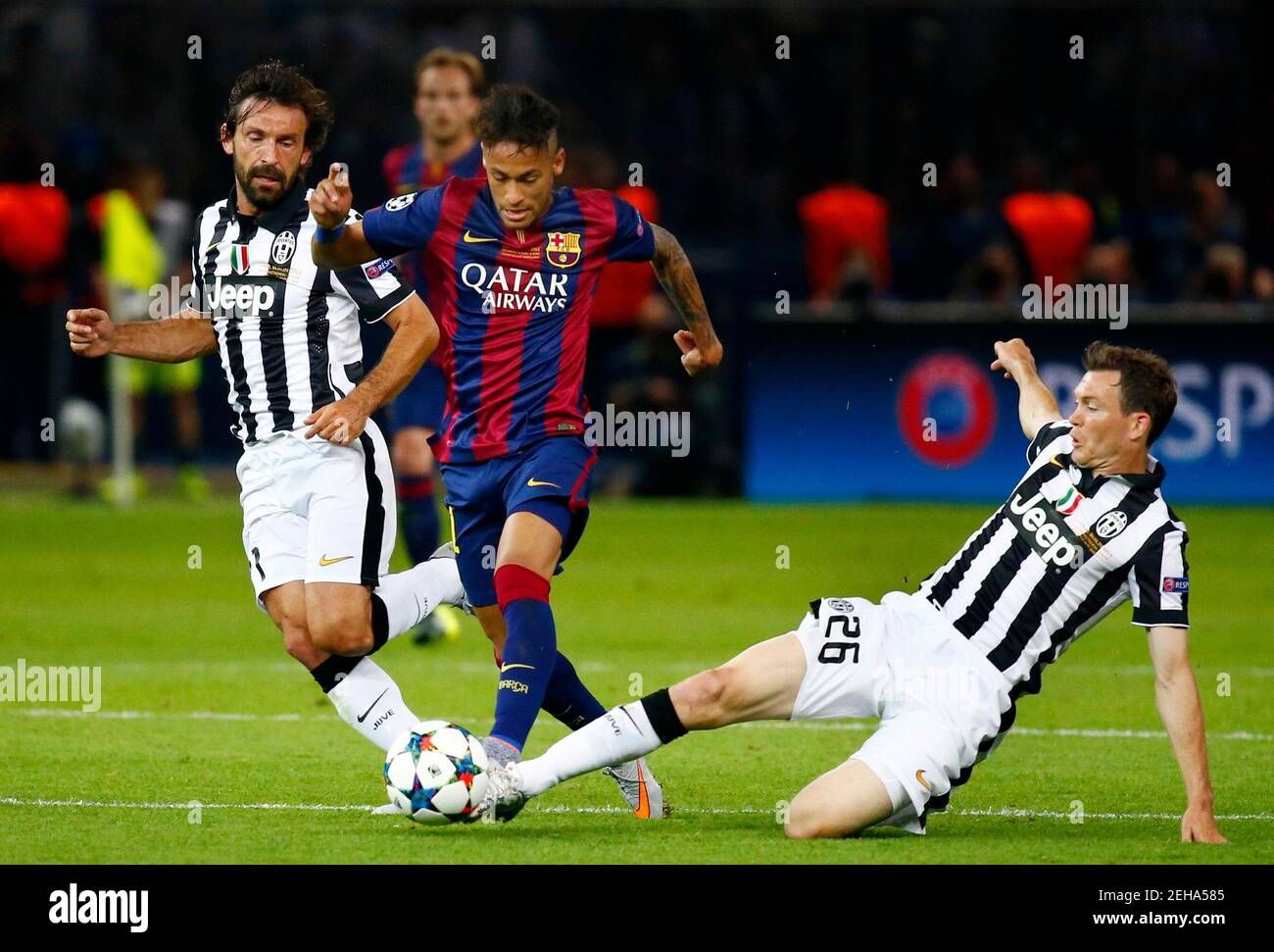 Football - FC Barcelona v Juventus - UEFA Champions League Final - Olympiastadion, Berlin, Germany - 6/6/15  Juventus' Andrea Pirlo and Stephan Lichtsteiner  in action with Barcelona's Neymar  Reuters / Michael Dalder Stock Photo