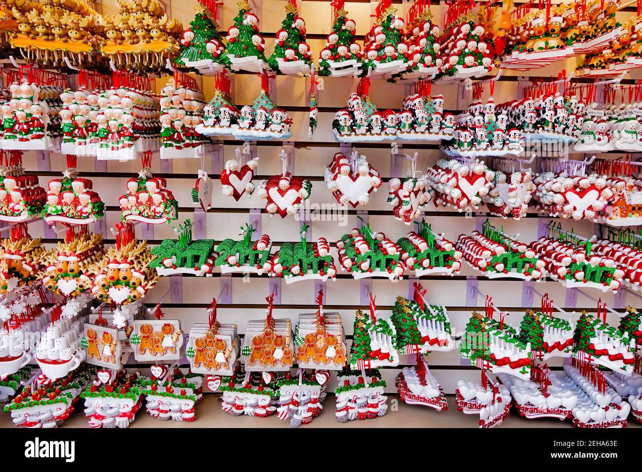 Christmas bazaar with different decorative ornaments and decorations