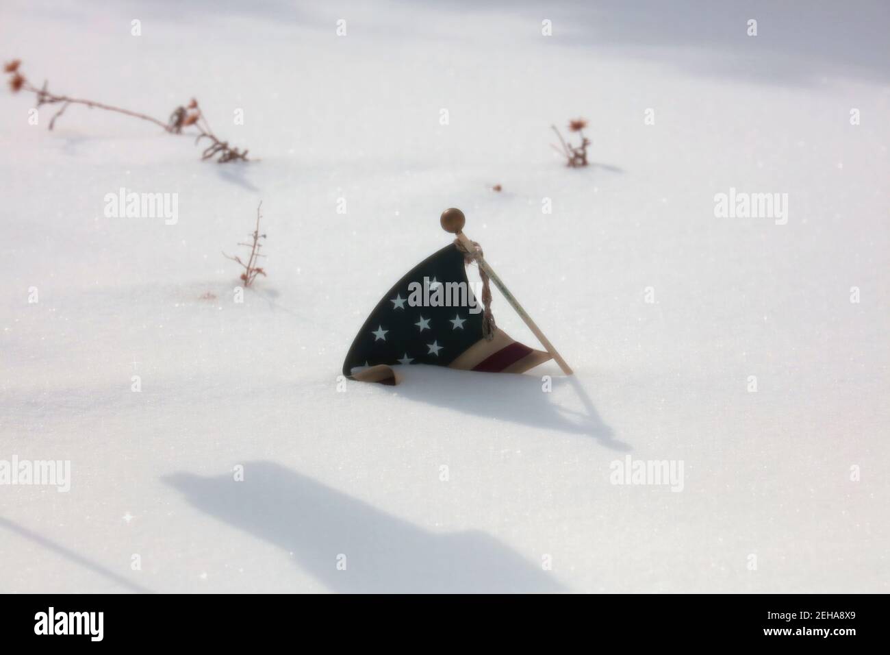 A metal American Flag lawn ornament partially buried in snow after a snowstorm in Wisconsin, USA Stock Photo