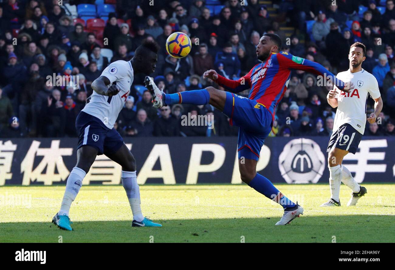 Soccer Football - Premier League - Crystal Palace vs Tottenham Hotspur - Selhurst Park, London, Britain - February 25, 2018   Tottenham’s Davinson Sanchez in action with Crystal Palace’s Jairo Riedewald    REUTERS/Eddie Keogh    EDITORIAL USE ONLY. No use with unauthorized audio, video, data, fixture lists, club/league logos or 'live' services. Online in-match use limited to 75 images, no video emulation. No use in betting, games or single club/league/player publications.  Please contact your account representative for further details. Stock Photo