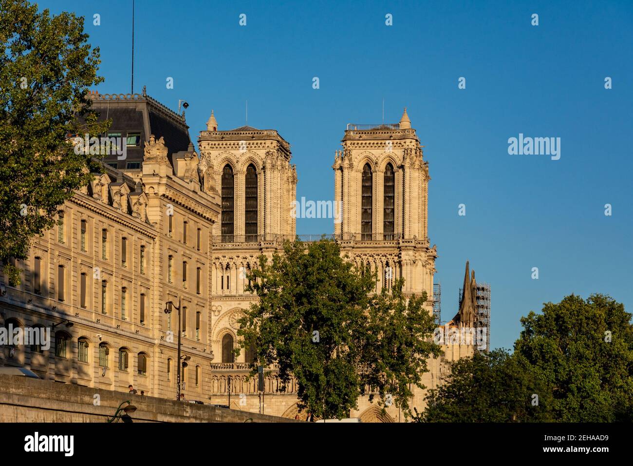Paris, France - August 29, 2019 : Notre Dame de Paris after the fire. Reinforcement work in progress after the fire, to prevent the Cathedral from col Stock Photo
