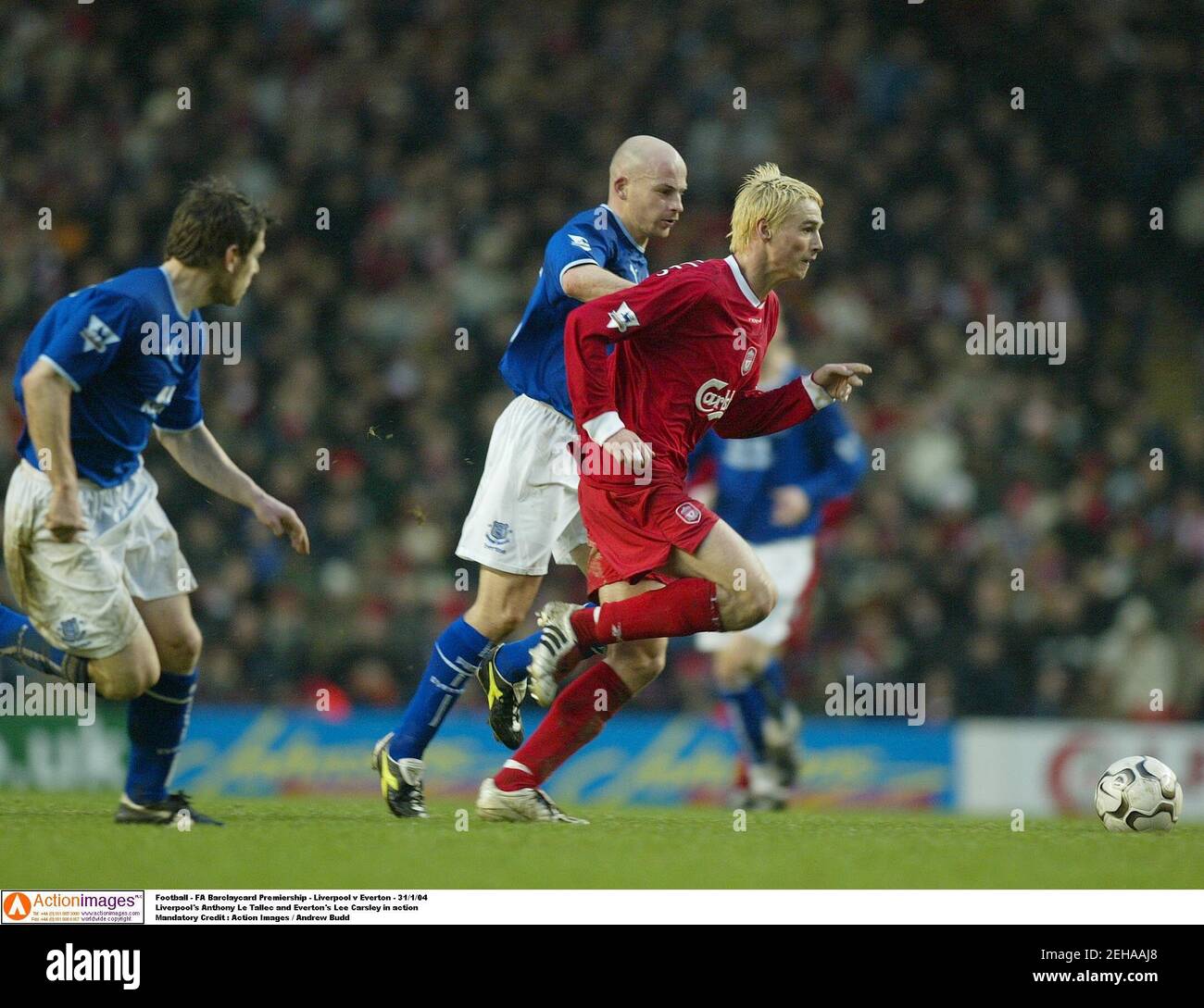 Football - FA Barclaycard Premiership - Liverpool v Everton - 31/1/04  Liverpool's Anthony Le Tallec and Everton's Lee Carsley in action  Mandatory Credit : Action Images / Andrew Budd Stock Photo