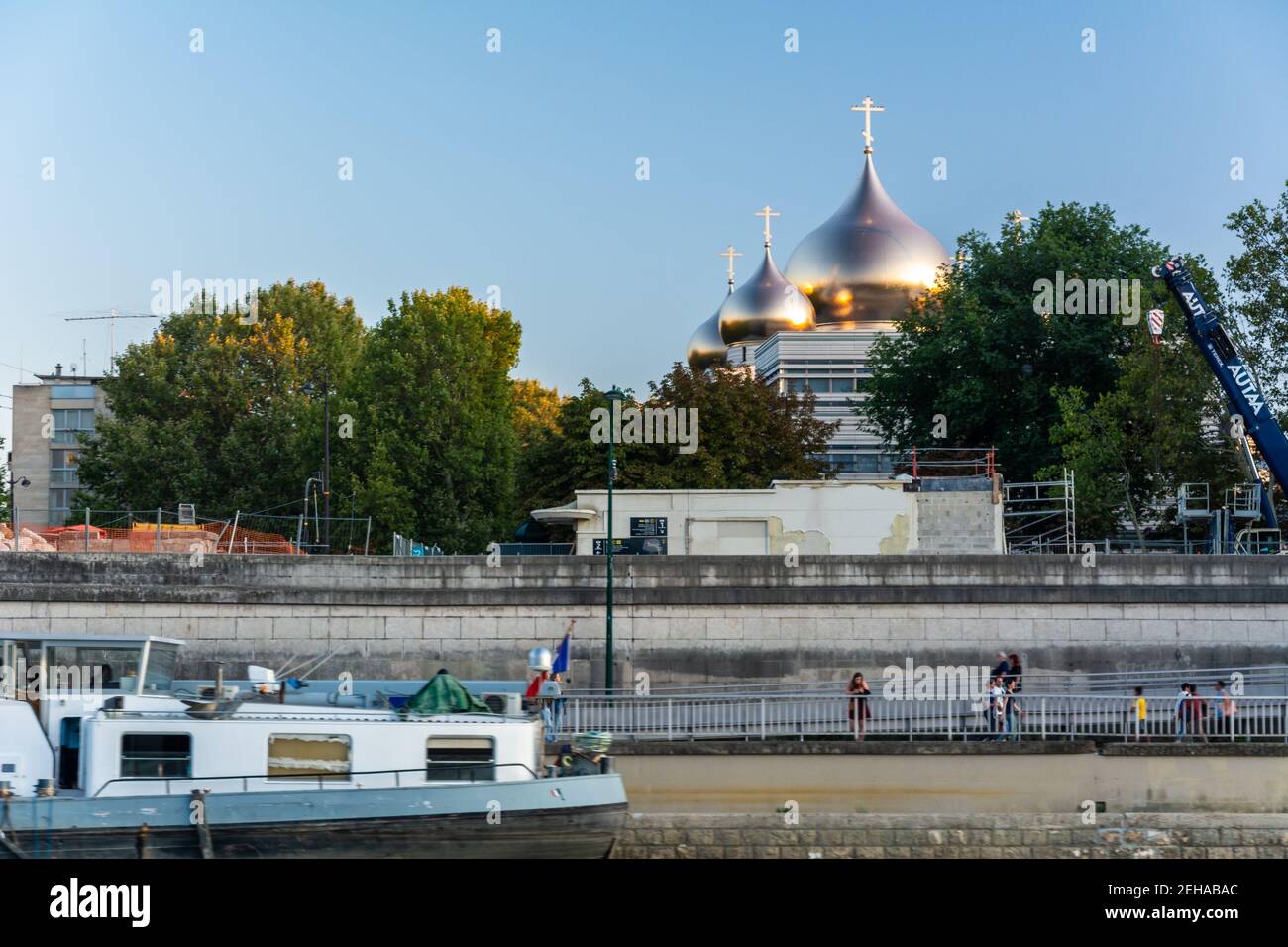 Paris, France - August 29, 2019 : The Holy Trinity Cathedral is a russian Orthodox cathedral, topped by five golden onion domes, built in 2016 after f Stock Photo
