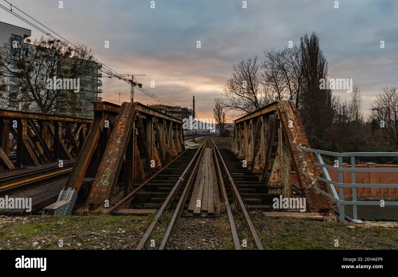 Wroclaw January 10 2020 Train rails in front of small railway bridges Stock Photo