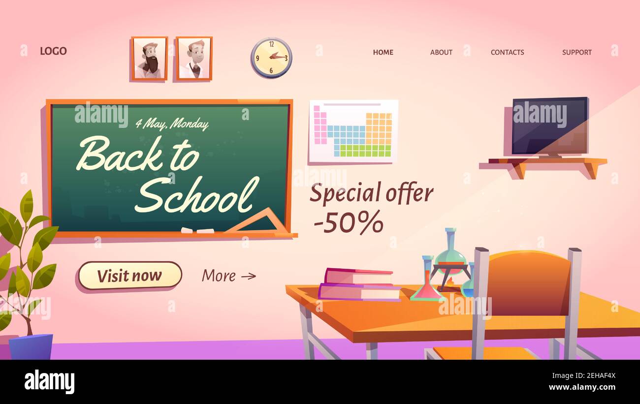 Back to school cartoon landing page with special promo sale offer. Empty classroom with chemistry studying stuff or textbooks on student desk and blackboard, vector web banner, price off advertisement Stock Vector