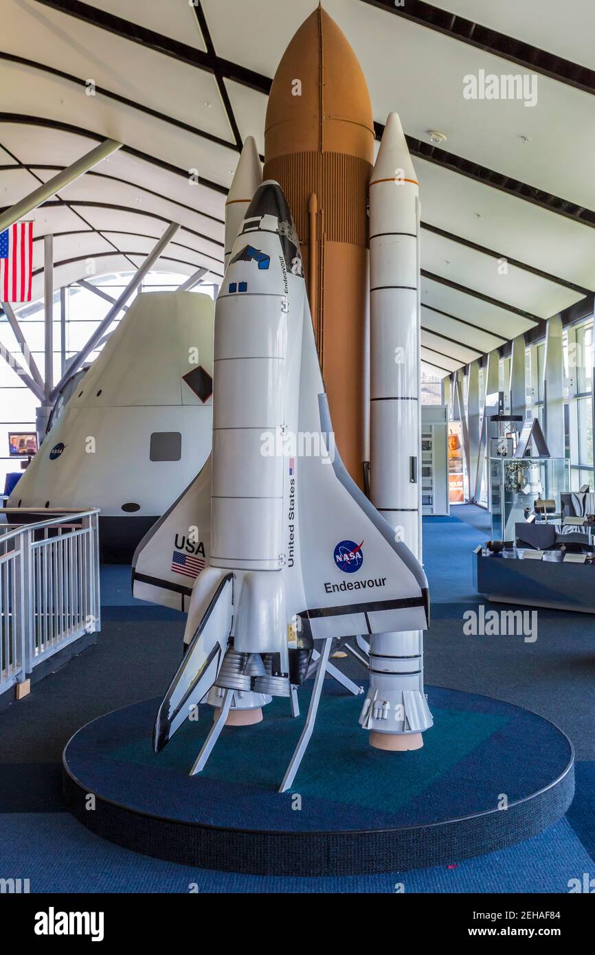 Model of the Endeavour Space Shuttle inside the Infinity Science Center at the John C. Stennis Space Center, in Hamock County Mississippi Stock Photo