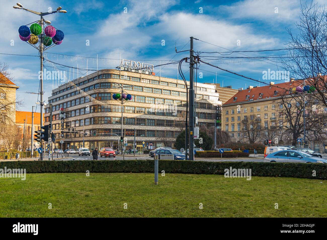 Wroclaw January 14 2020 Kosciuszki square with christmas decorations in front of Renoma trading house Stock Photo