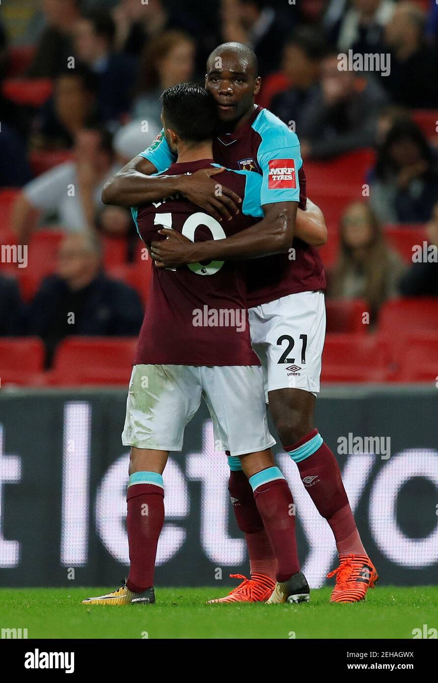 Soccer Football - Carabao Cup Fourth Round - Tottenham Hotspur vs West Ham United - Wembley Stadium, London, Britain - October 25, 2017 West Ham United's Angelo Ogbonna celebrates scoring their third goal with team mates REUTERS/Eddie Keogh EDITORIAL USE ONLY. No use with unauthorized audio, video, data, fixture lists, club/league logos or "live" services. Online in-match use limited to 75 images, no video emulation. No use in betting, games or single club/league/player publications. Please contact your account representative for further details. Stock Photo