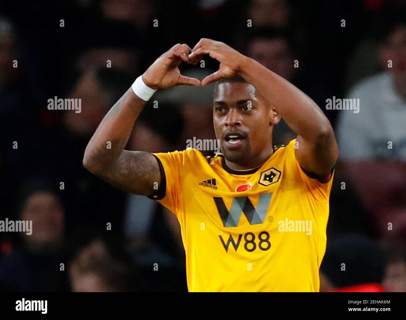 Soccer Football - Premier League - Arsenal v Wolverhampton Wanderers - Emirates Stadium, London, Britain - November 11, 2018  Wolverhampton Wanderers' Ivan Cavaleiro celebrates scoring their first goal  REUTERS/Eddie Keogh  EDITORIAL USE ONLY. No use with unauthorized audio, video, data, fixture lists, club/league logos or "live" services. Online in-match use limited to 75 images, no video emulation. No use in betting, games or single club/league/player publications.  Please contact your account representative for further details. Stock Photo