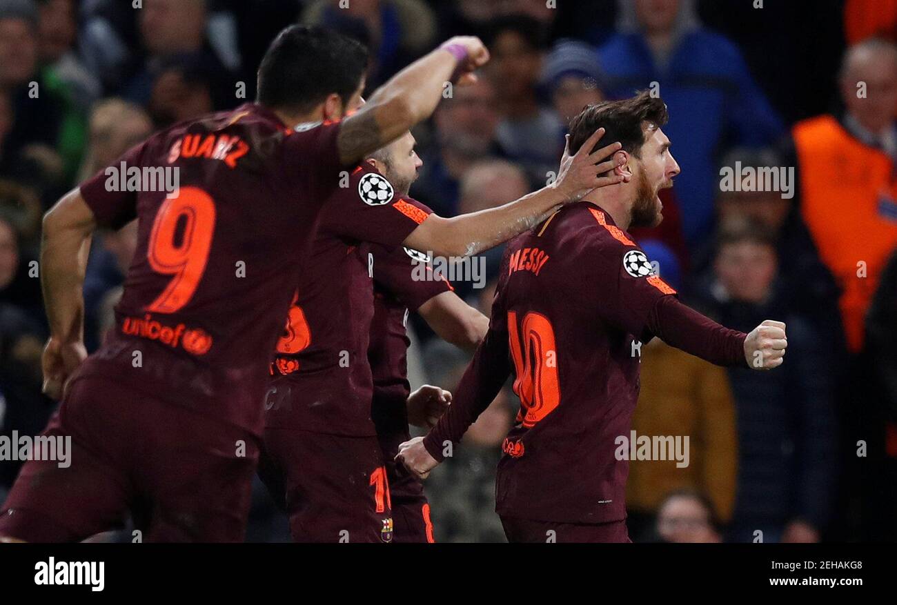 Soccer Football - Champions League Round of 16 First Leg - Chelsea vs FC Barcelona - Stamford Bridge, London, Britain - February 20, 2018   Barcelona’s Lionel Messi celebrates scoring their first goal    REUTERS/Eddie Keogh Stock Photo