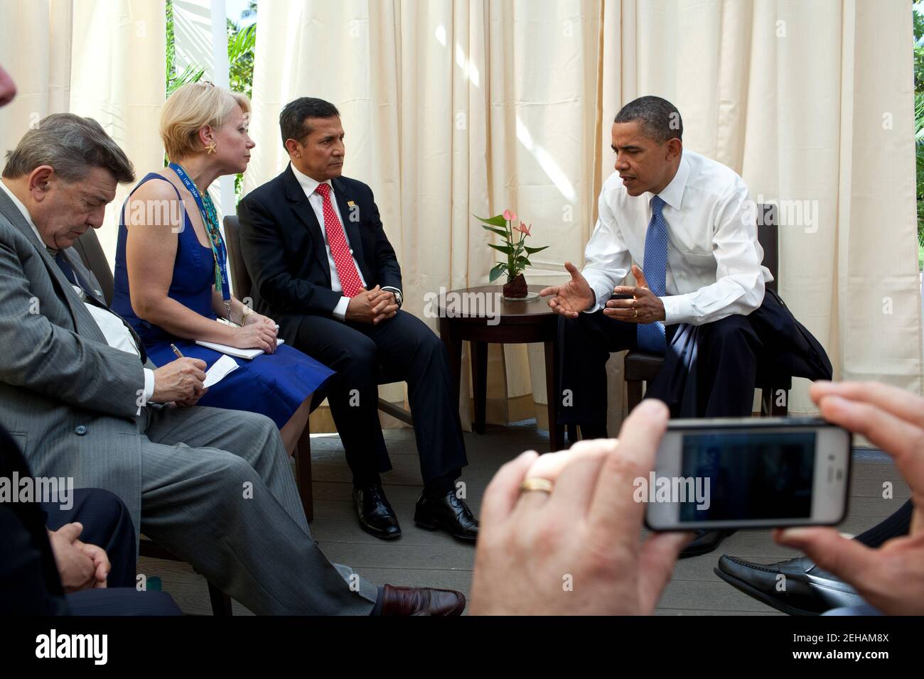 President Barack Obama meets with President Ollanta Humala of Peru during the APEC summit in Honolulu, Hawaii, Sunday, Nov. 13, 2011. Stock Photo