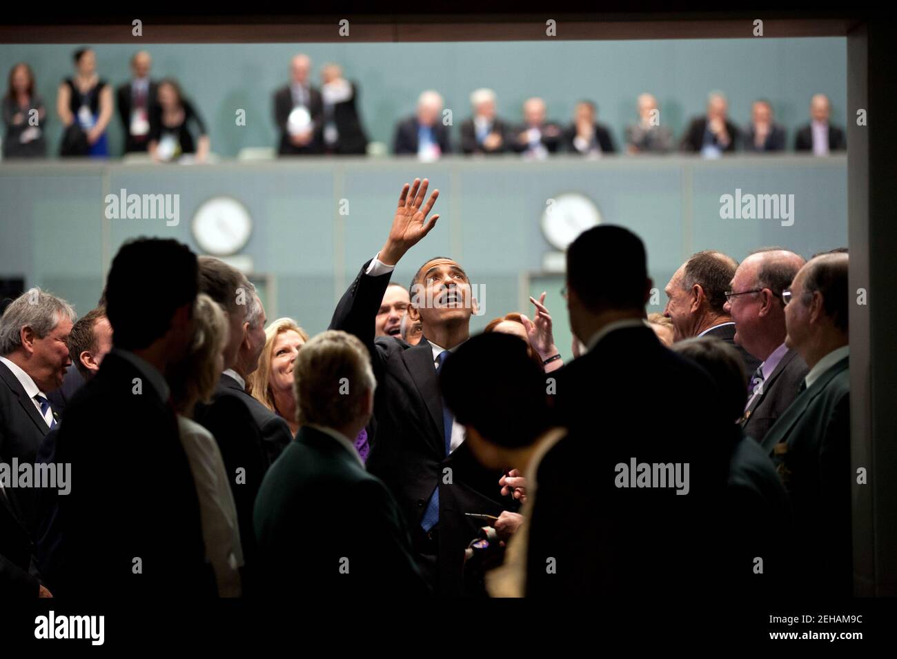 President Barack Obama waves to people in the gallery after addressing the Australian Parliament in the House of Representatives at Parliament House in Canberra, Australia, Nov.17, 2011. Stock Photo