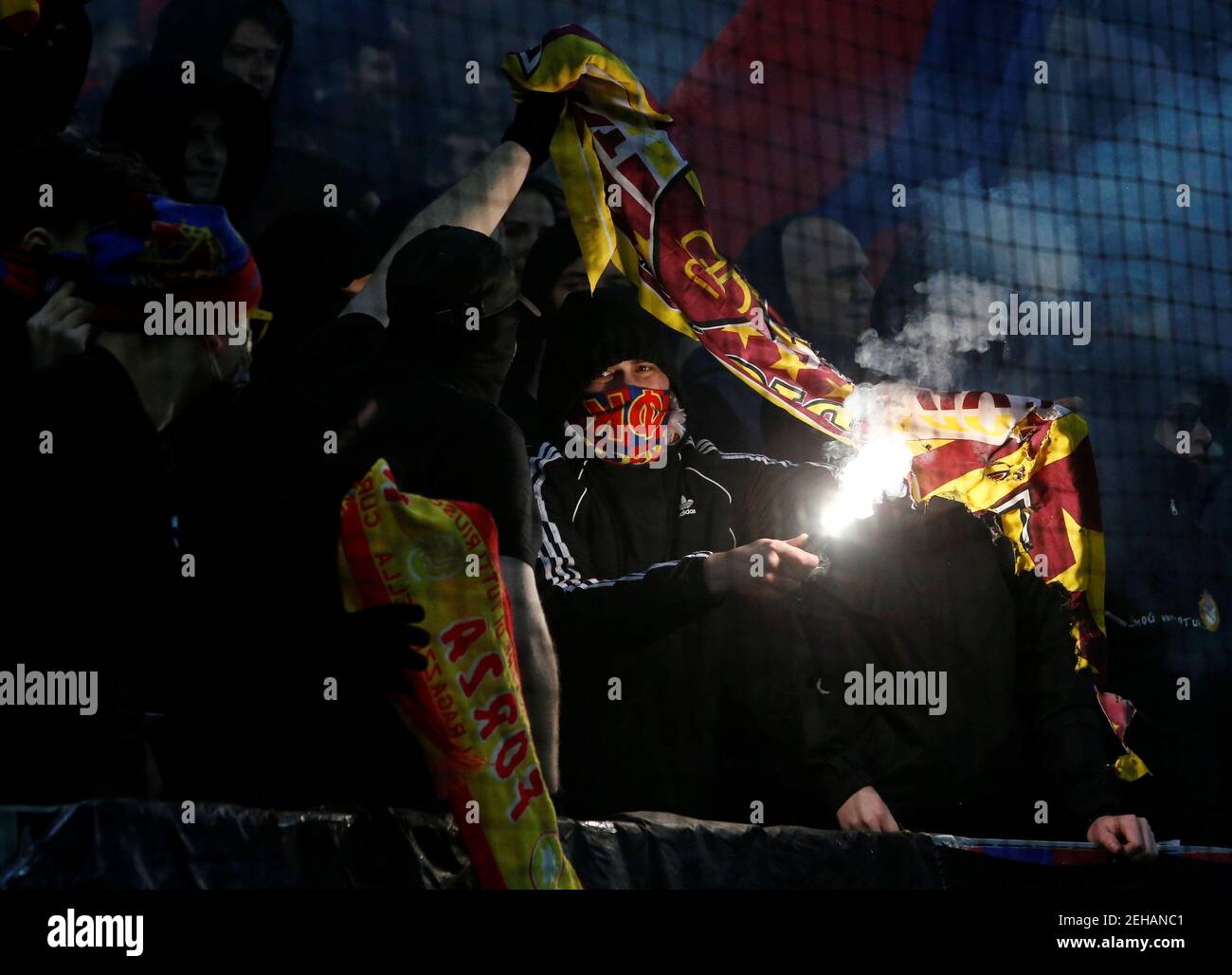 Soccer Football - Champions League - Group Stage - Group G - CSKA Moscow v AS Roma - Luzhniki Stadium, Moscow, Russia - November 7, 2018  Fans burn a flag with a flare inside the stadium during the match  REUTERS/Sergei Karpukhin Stock Photo