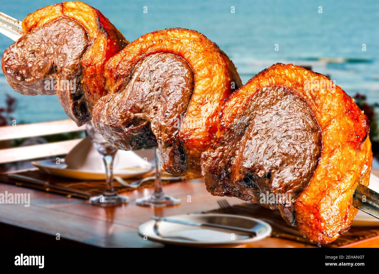 Picanha, traditional Brazilian beef cut, restaurant on the beach Stock