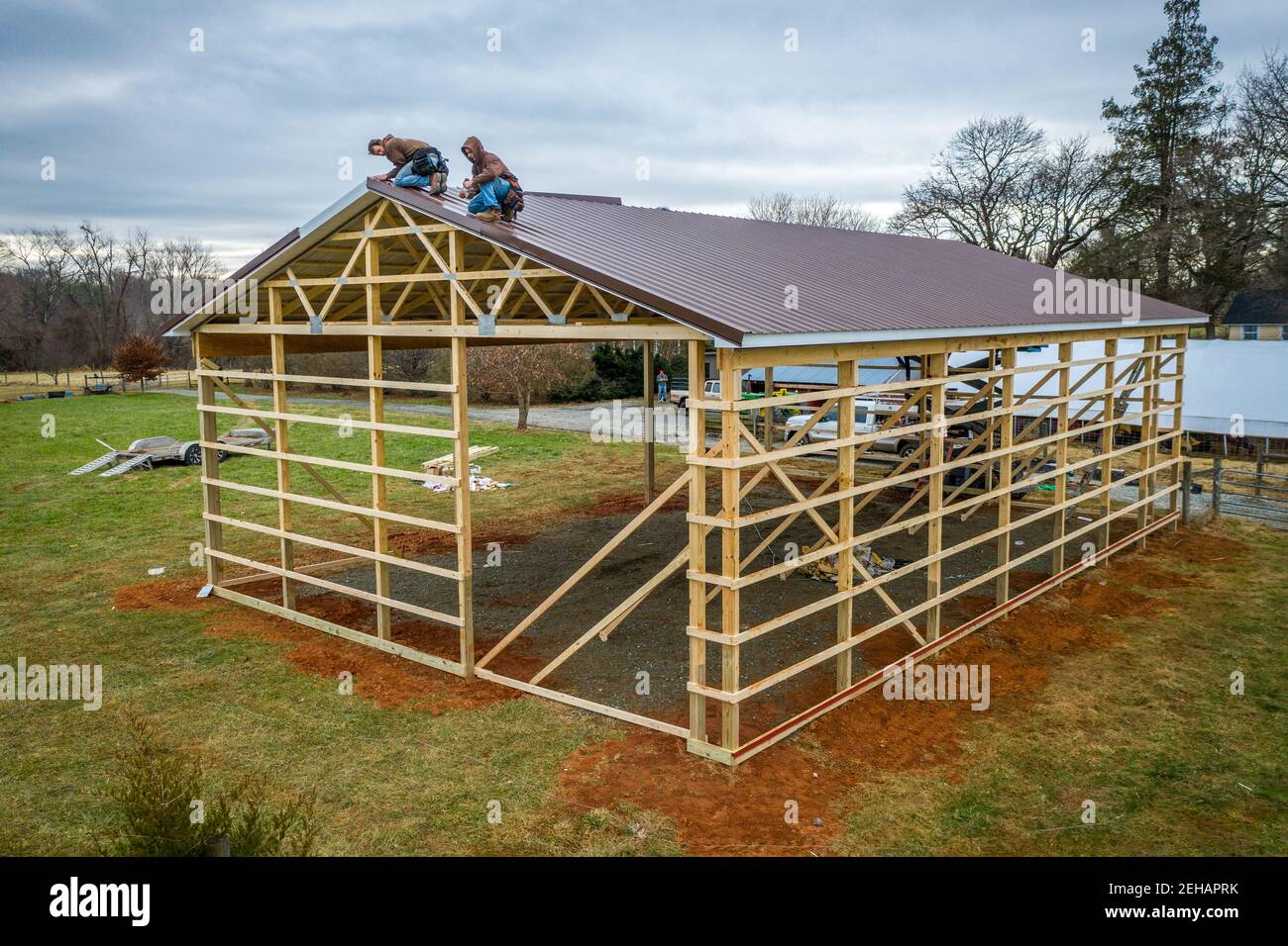 Pole Barn construction on farm in Harford County Maryland Stock Photo