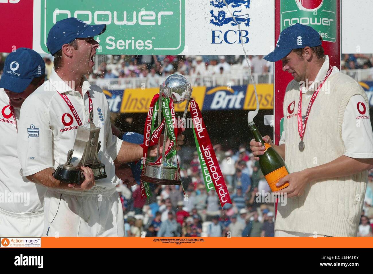 Cricket - England v West Indies npower Fourth Test - AMP Oval - 21/8/04  England's Michael Vaughan and Steve Harmison celebrate with the trophy  Mandatory Credit: Action Images / Andrew Budd  Livepic Stock Photo