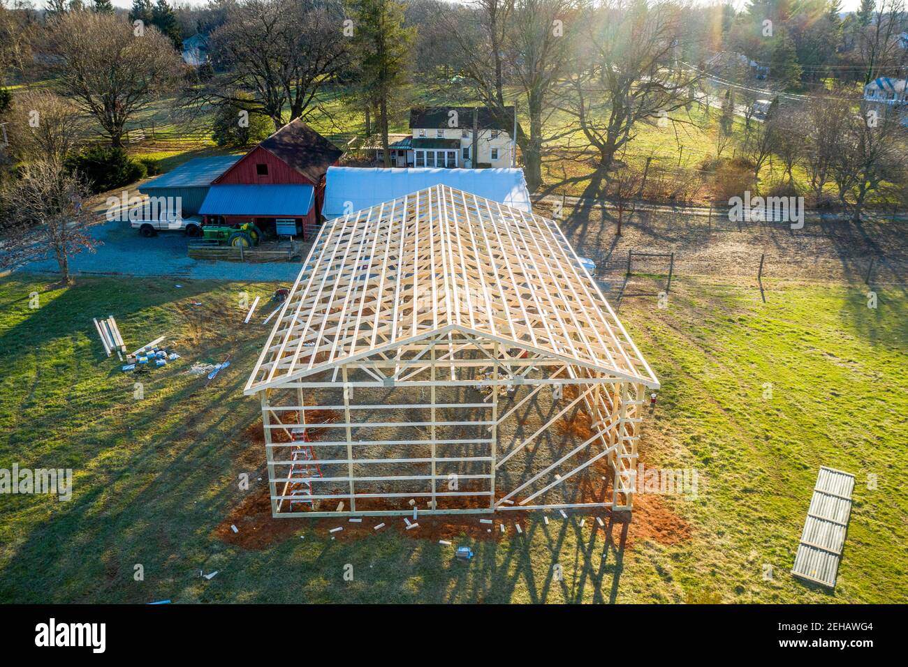 Pole Barn construction on farm in Harford County Maryland Stock Photo