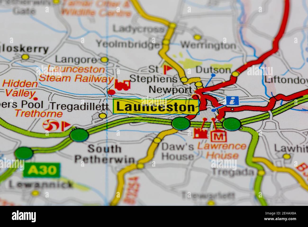 Launceston and surrounding areas shown on a road map or Geography map Stock Photo