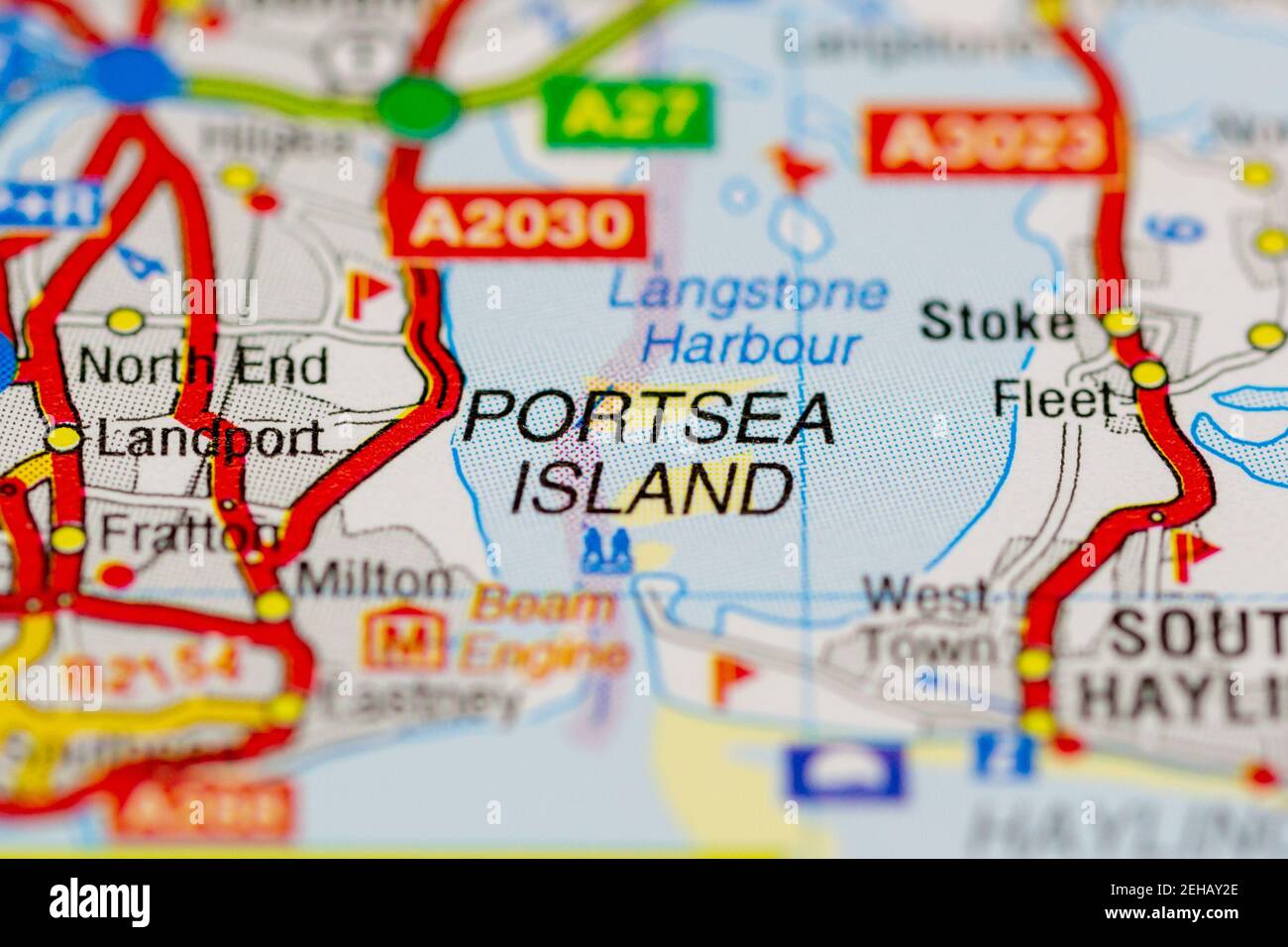 Portsea island, portsmouth and surrounding areas shown on a road map or Geography map Stock
