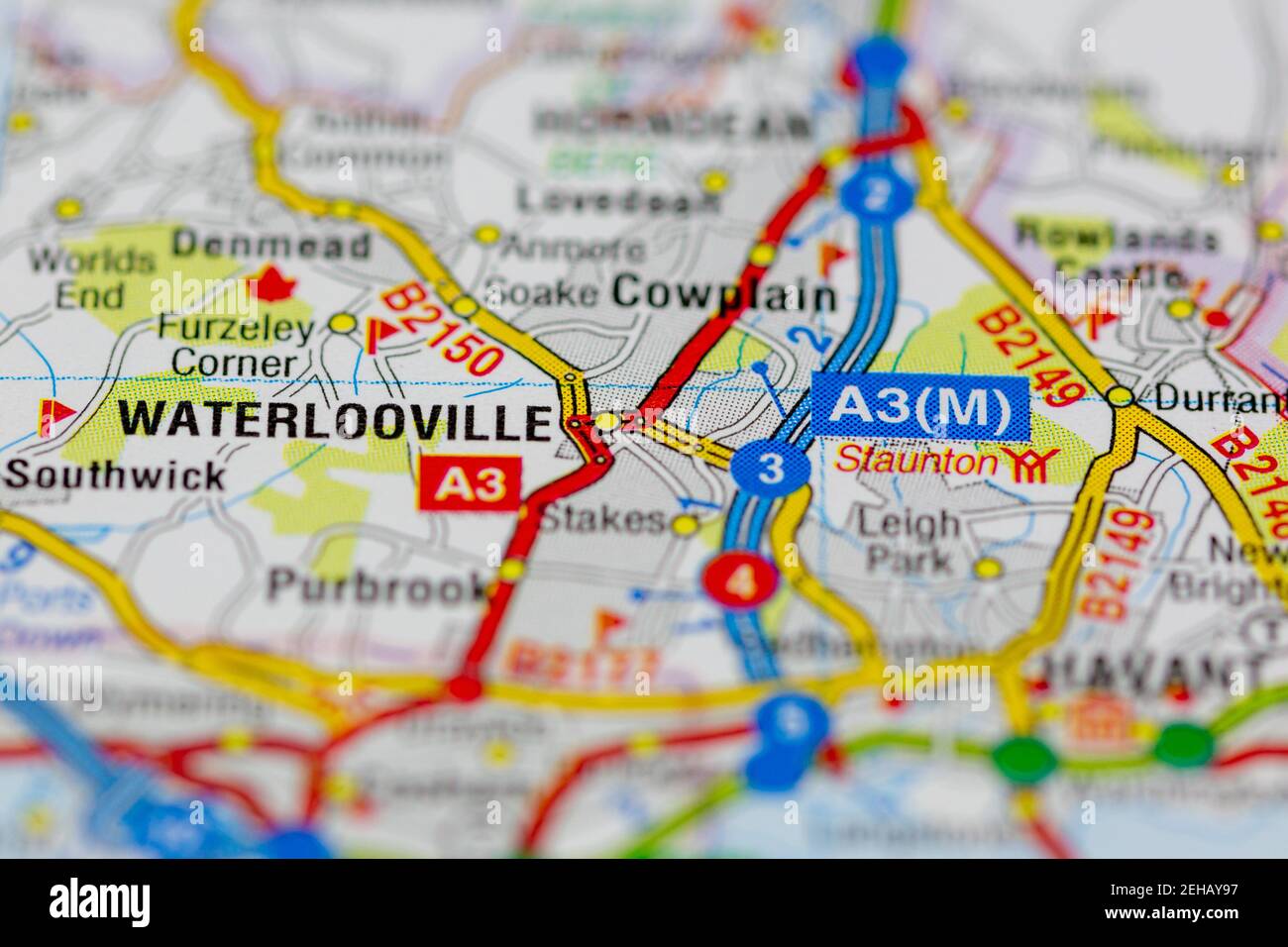Waterlooville and surrounding areas shown on a road map or Geography map Stock Photo