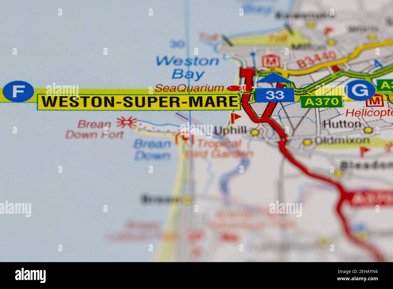 Weston super mare and surrounding areas shown on a road map or