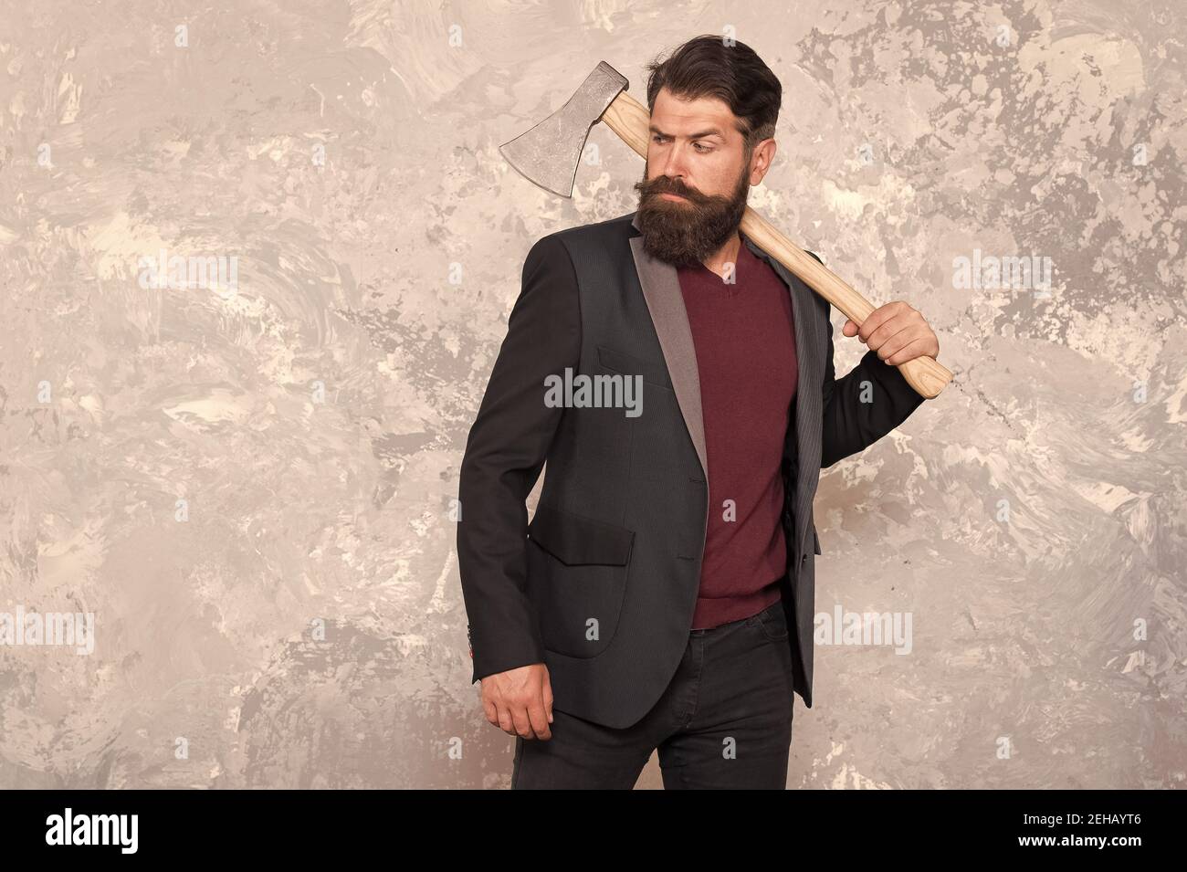 Make something with your hands. Brutal hipster hold axe. Trendy hipster  style. Hipster wear business casual. Bearded man with hipster beard and  stylish hair. Barbershop. Barber, copy space Stock Photo - Alamy