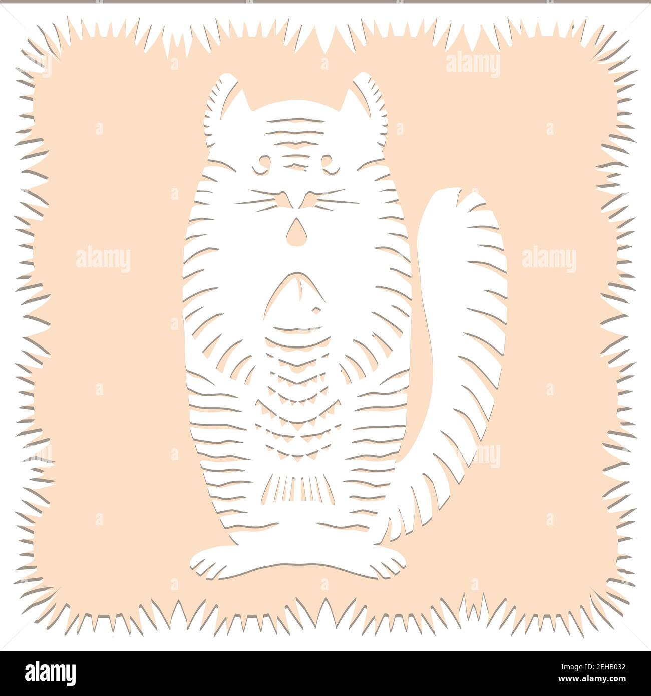 Stripe cat with fish Paper cut decorative silhouette animal in white color isolated on beige background Traditional Belarusian, Polish paper clippings Stock Vector