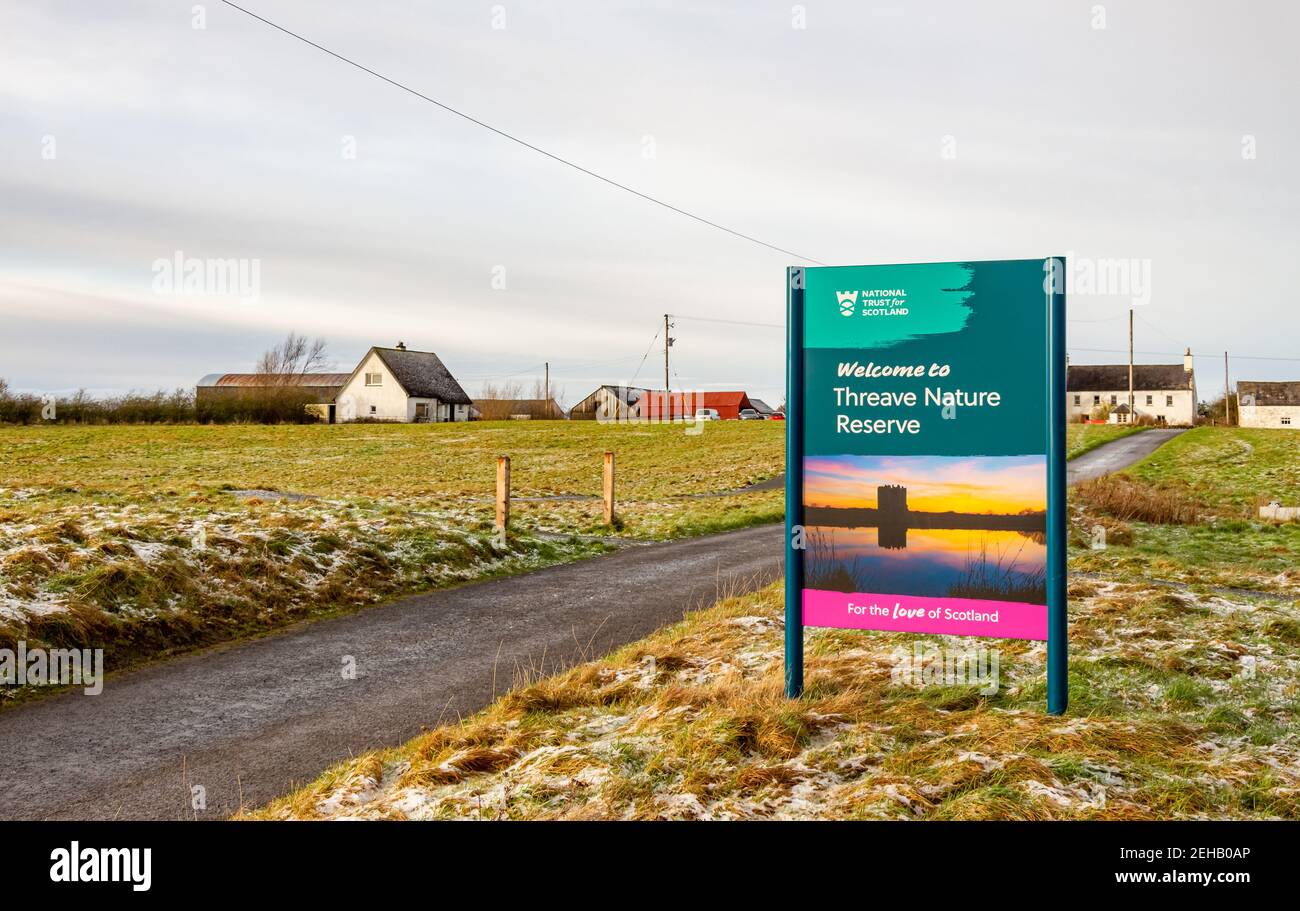 Castle Douglas, Scotland - 27th December 2020: National Trust for Scotland, Welcome to Threave Nature Reserve sign at Threave Estate, Castle Douglas, Stock Photo