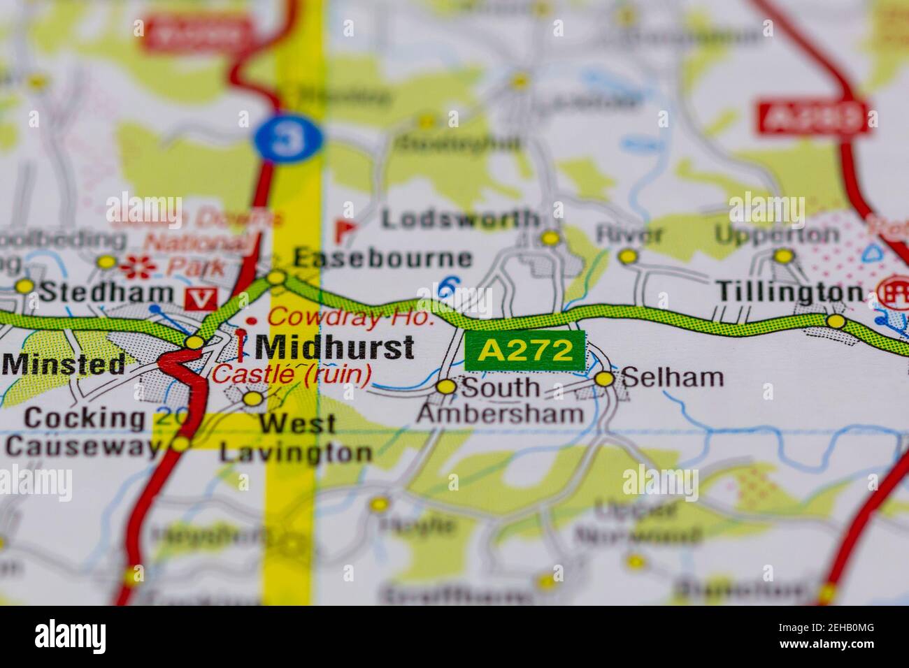 Midhurst and surrounding areas shown on a road map or Geography map Stock Photo