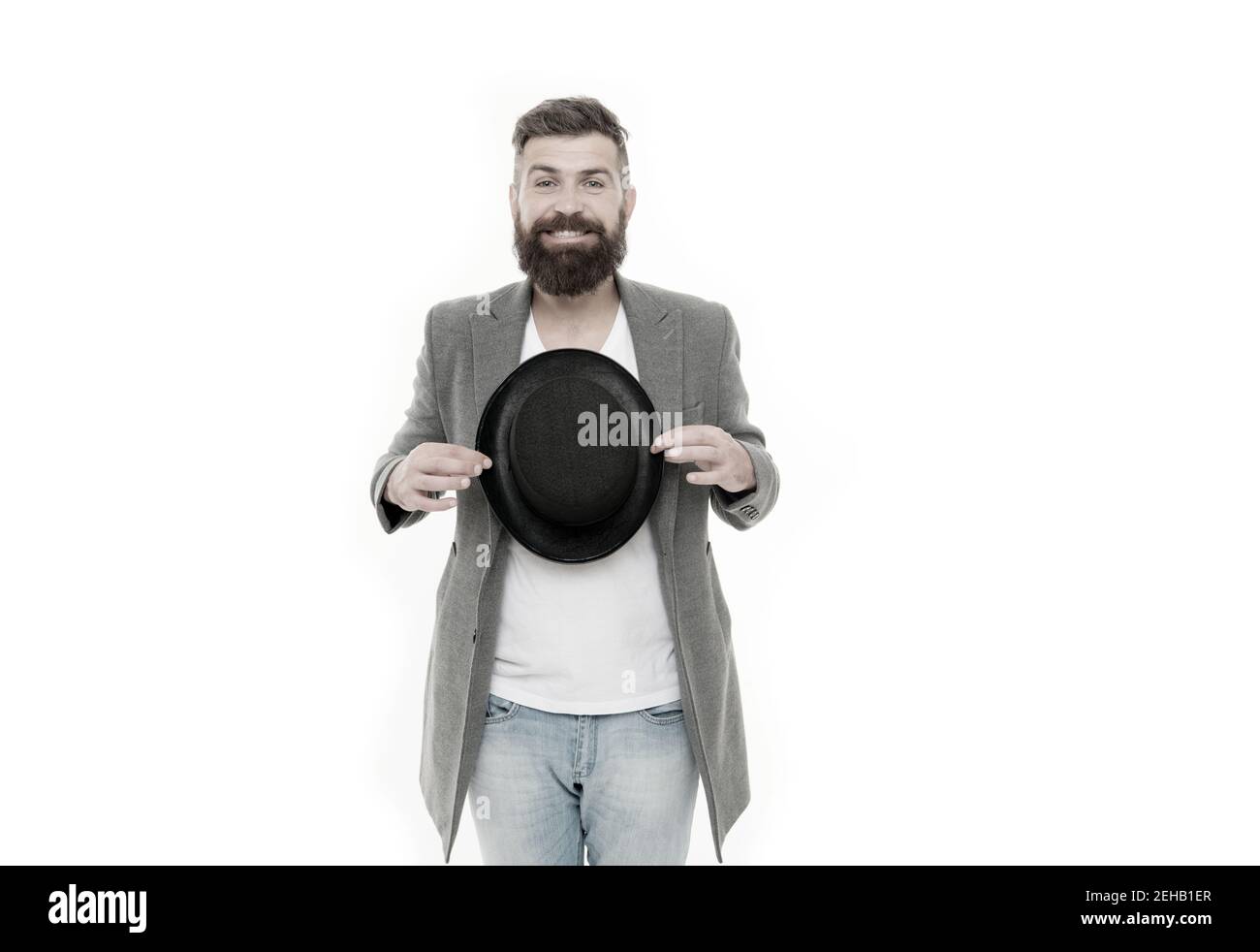 Man bearded guy magician. Magic trick performance concept. Circus magic
