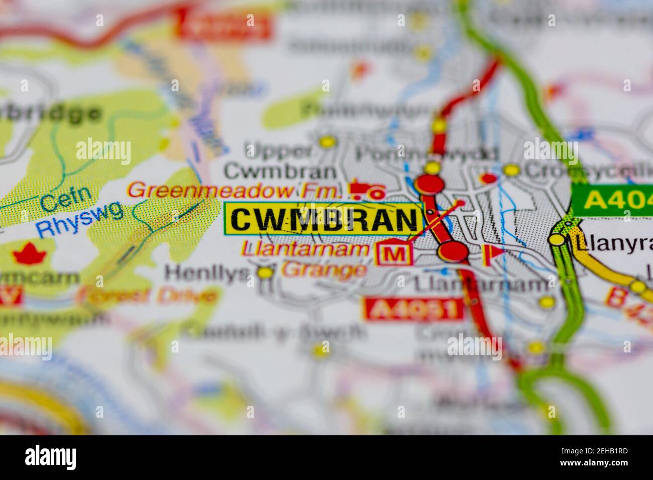 Cwmbran and surrounding areas shown on a road map or Geography map Stock Photo