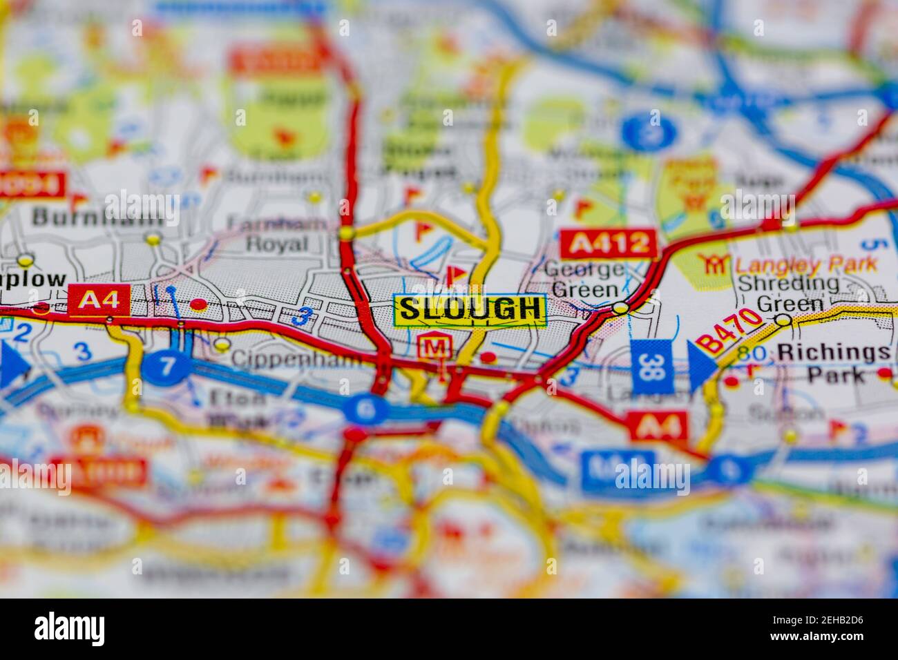 Slough and surrounding areas shown on a road map or Geography map Stock Photo
