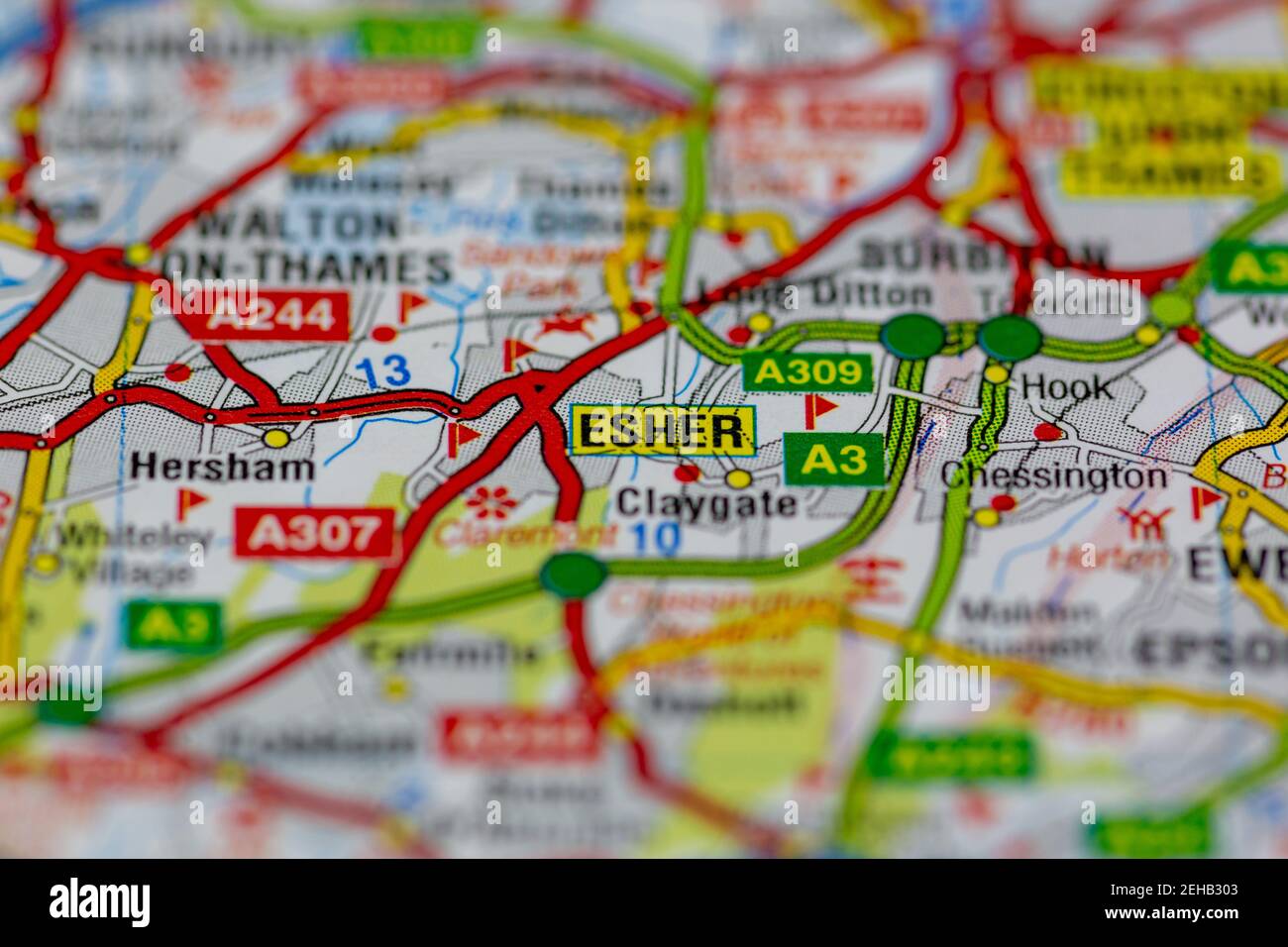 Esher and surrounding areas shown on a road map or Geography map Stock Photo