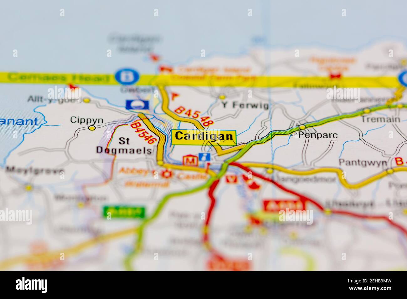 Cardigan and surrounding areas shown on a road map or Geography map