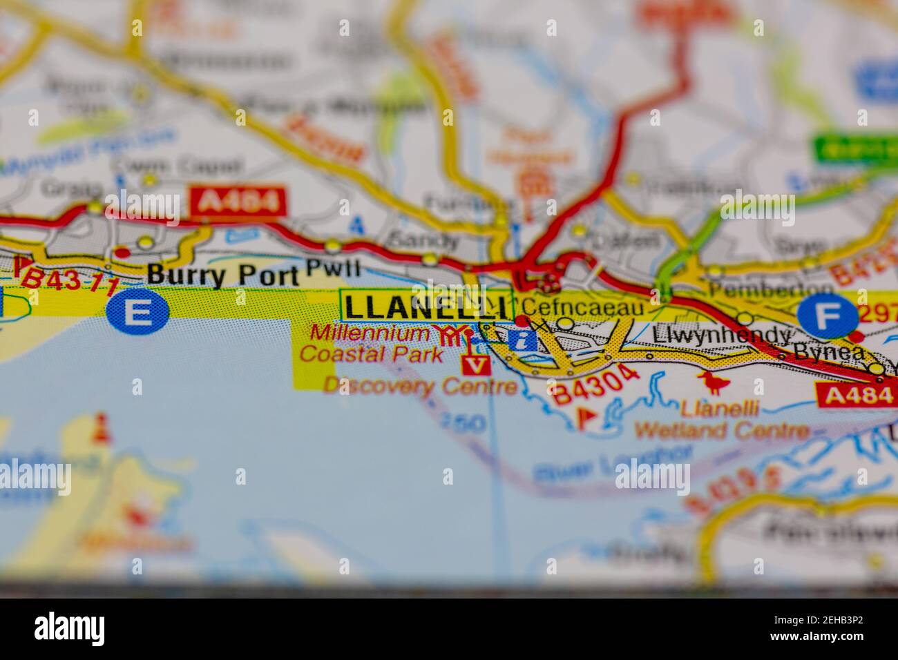 Llanelli and surrounding areas shown on a road map or Geography map Stock Photo