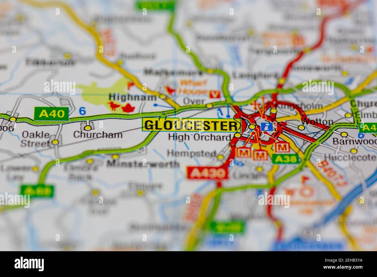 Gloucester and surrounding areas shown on a road map or Geography map Stock Photo
