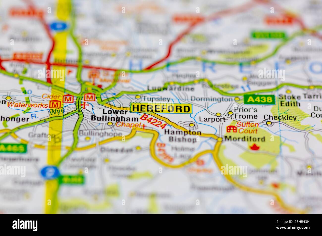 Hereford and surrounding areas shown on a road map or Geography map Stock Photo