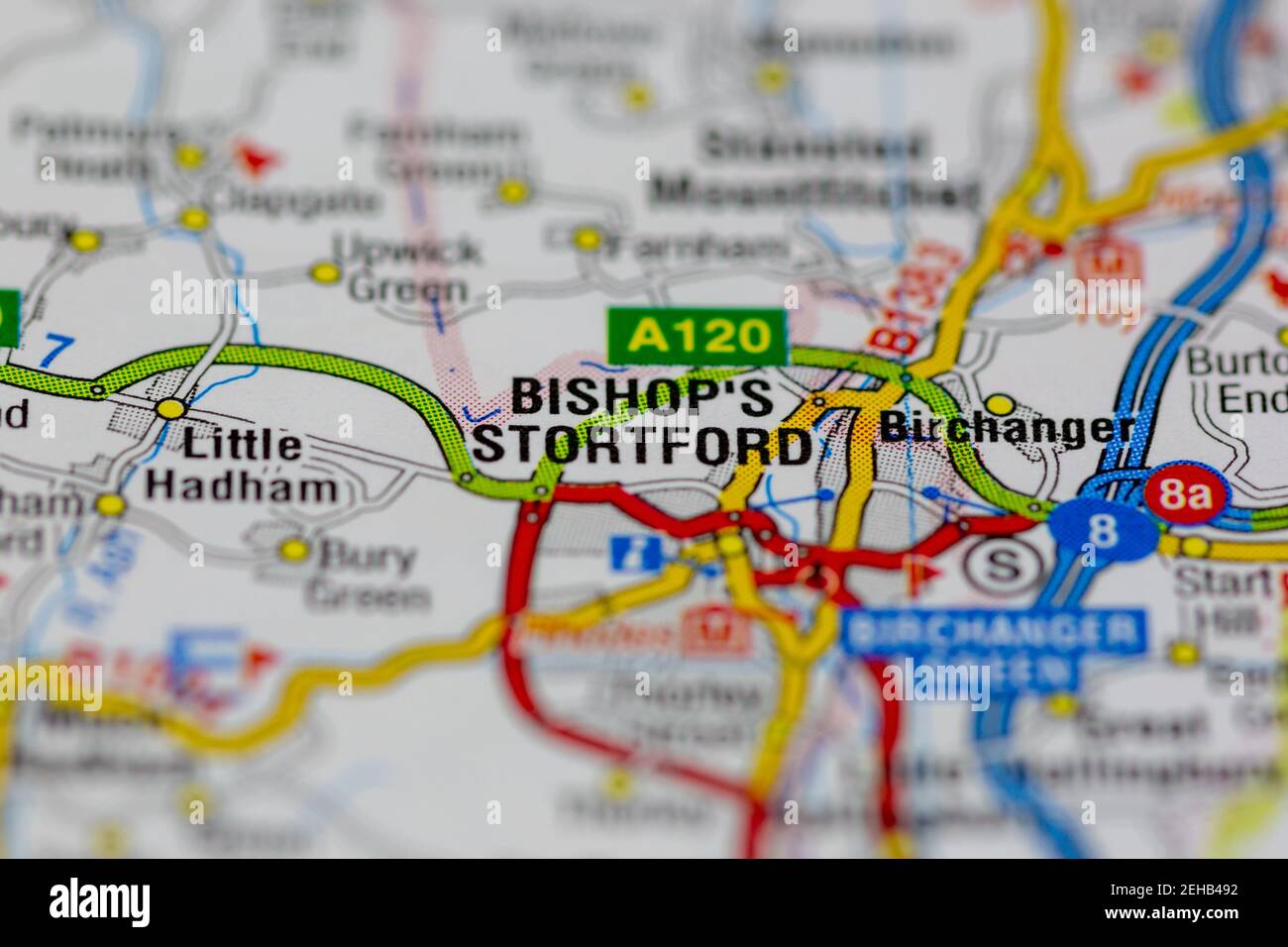 Bishops stortford and surrounding areas shown on a road map or Geography map Stock Photo