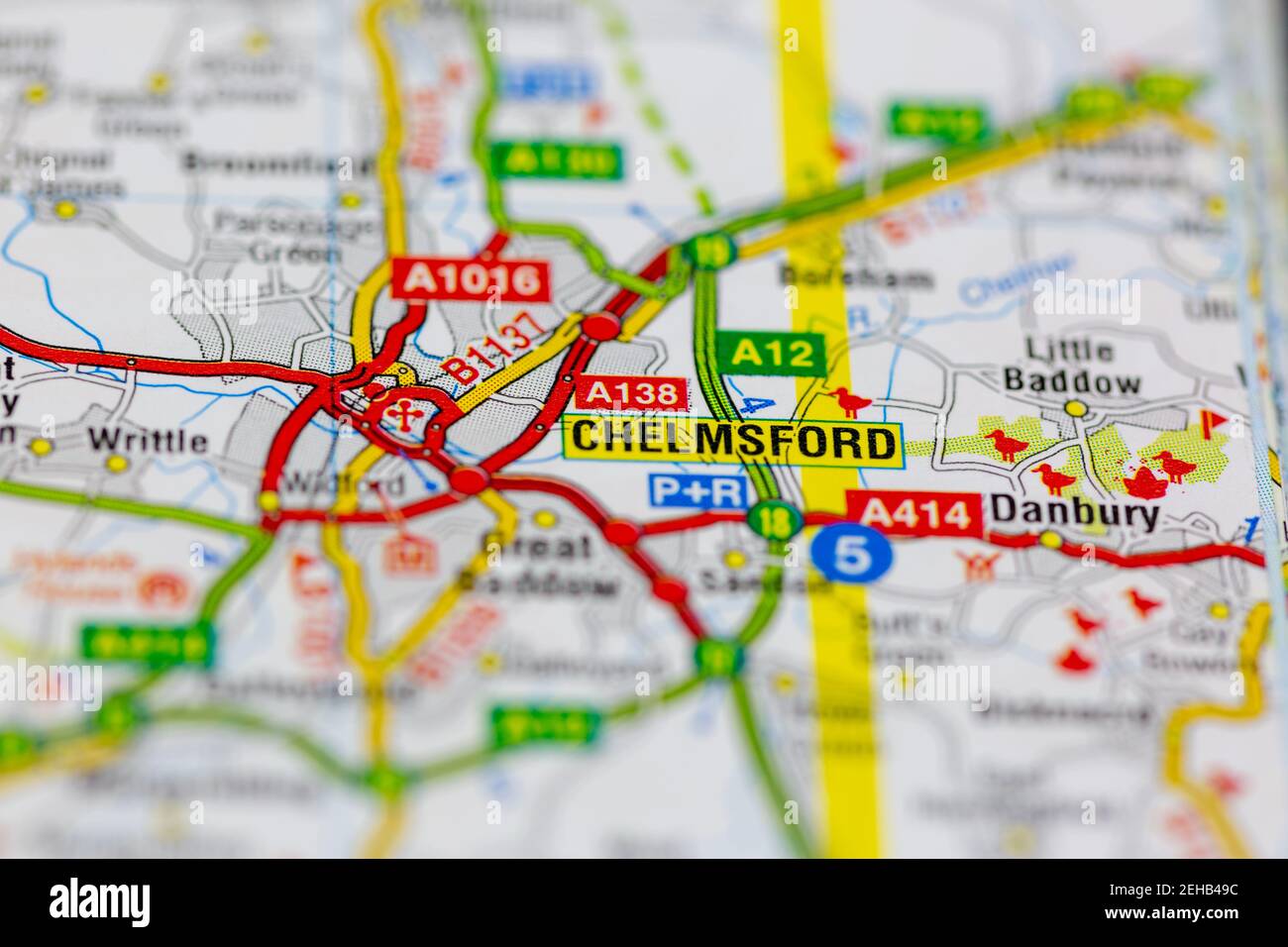 Chelmsford and surrounding areas shown on a road map or Geography map ...