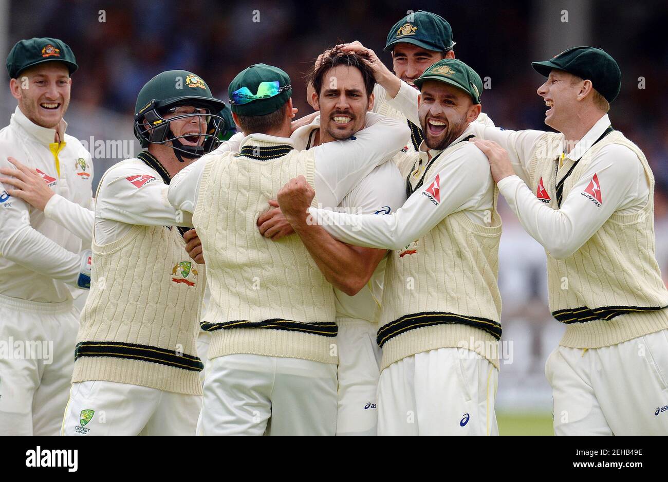 Cricket - England v Australia - Investec Ashes Test Series Second Test - Lord?s - 17/7/15 Australia's Mitchell Johnson celebrates dismissing England's Joe Root (not pictured) with team mates Reuters / Philip Brown Livepic Stock Photo